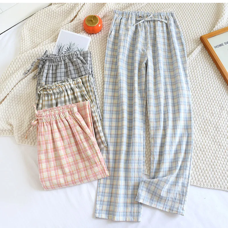 

Женские пижамные брюки из стираного хлопка в клетку, свободные, широкие, легкие, для дома и отдыха, весна-лето, 1 шт.