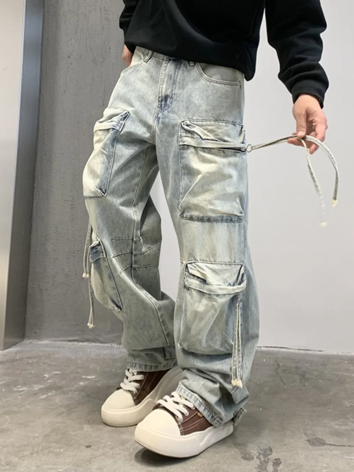 American Heavy Duty Washed Multi Pocket Workwear Jeans Men Loose Straight Leg Wide Leg Casual Versatile Long Pants