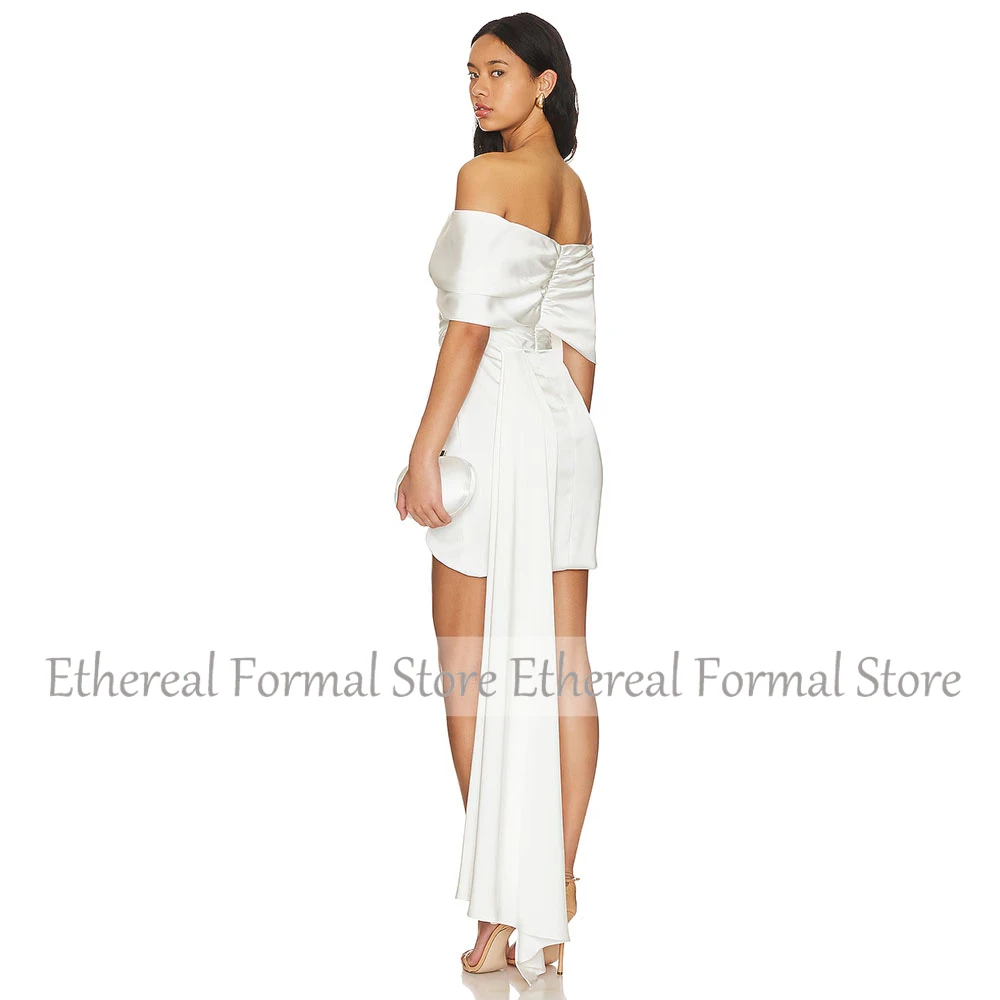ファッションオフショルダーカクテルドレスミニショートアイボリーサテンパーティードレス高品質イブニングドレス膝丈サウジドレス