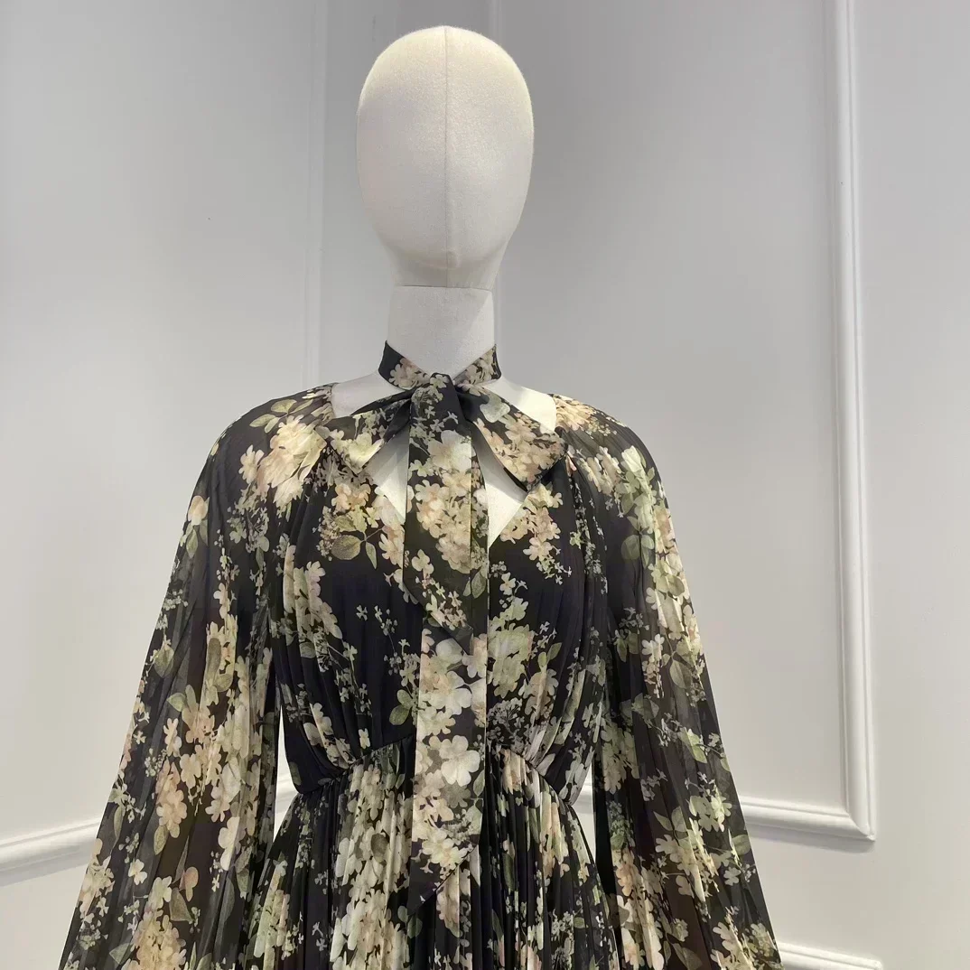 Vestido Midi Vintage con estampado Floral de alta calidad para mujer, manga larga acampanada, cuello en V, lazo automático, otoño 2023