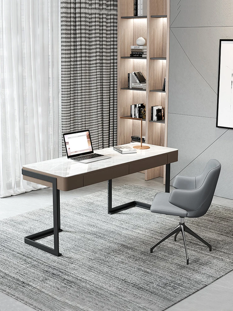 Minimalist bright rock slab desk and chair combination modern simple light luxury computer with socket home office