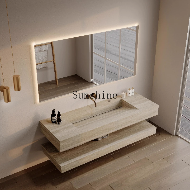 Rock slab integrated seamless basin bathroom cabinet combined bathroom commercial travertine sink