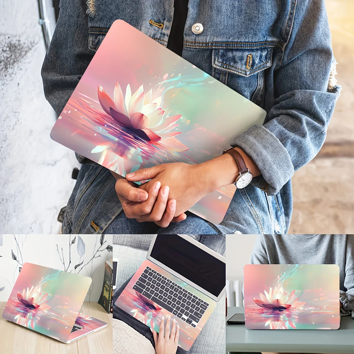 Vinyl Laptop Case Lotus Rainbow Sticke 2 Pieces Set Scratch Resistant DIY Art Case for Laptops  Easy To Paste Self-adhesive