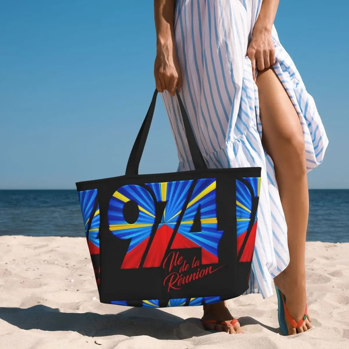 974 Reunion Island Flag Beach Tote Bag Sport Gym Yoga Duffle Large Tote Bag Women Travel Bag Fitness bag