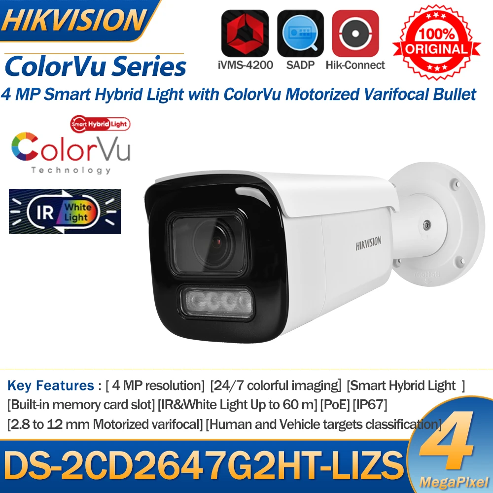 Telecamera IP Hikvision DS-2CD2647G2HT-LIZS 4MP Smart Hybrid Light ColorVu IR 4X Zoom telecamera di rete Bullet varifocale motorizzata IP67