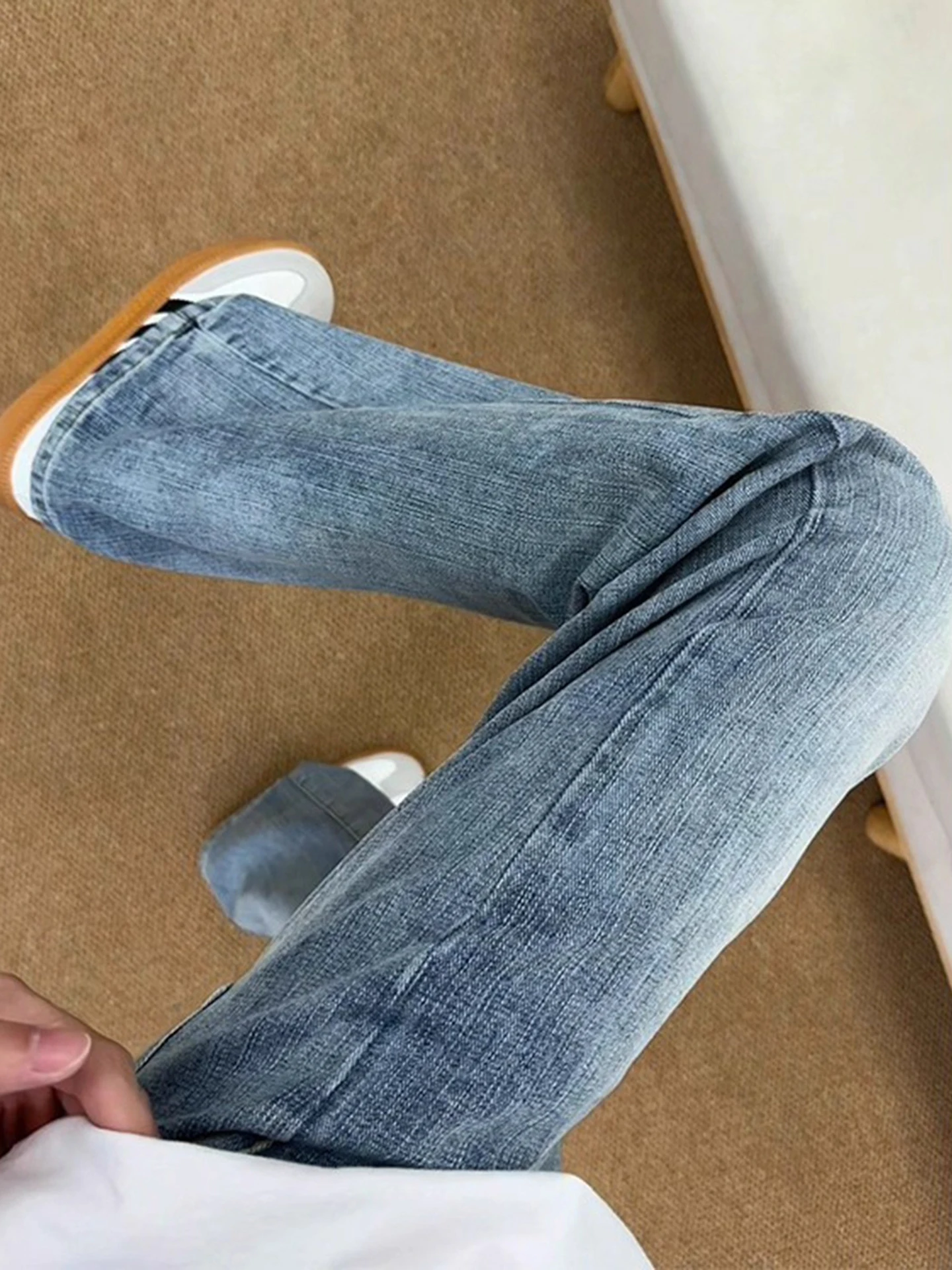 

Cleanfit Men's Light Blue Denim Jeans Bamboo Texture Straight Leg Slimming Micro Flare Knife Casual High Street Sle