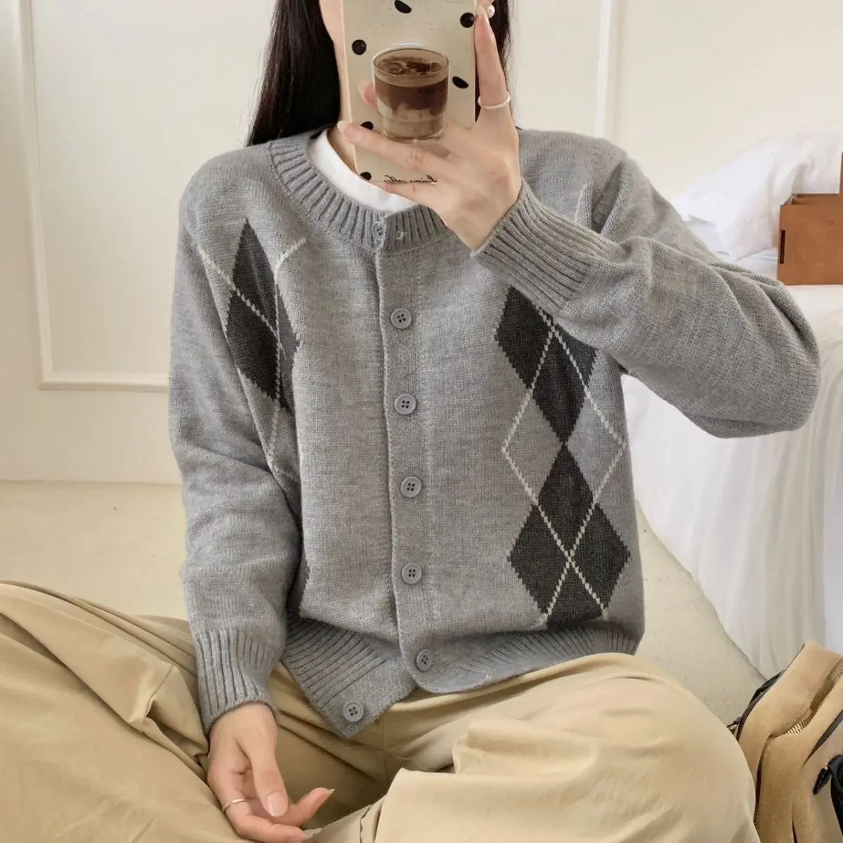 빈티지 다이아몬드 패턴 루즈 니트 스웨터 여성용 신상 라운드 넥 스위트 가디건 탑 리본 디테일 작은 사이즈 편안한 소프트 코트