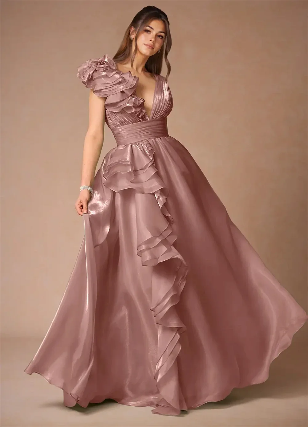

Customized V-Neck A-Line 3D Flower Prom Dresses Multilayer Pleats Backless Vestidos De Noche Floor-Length Formal Evening