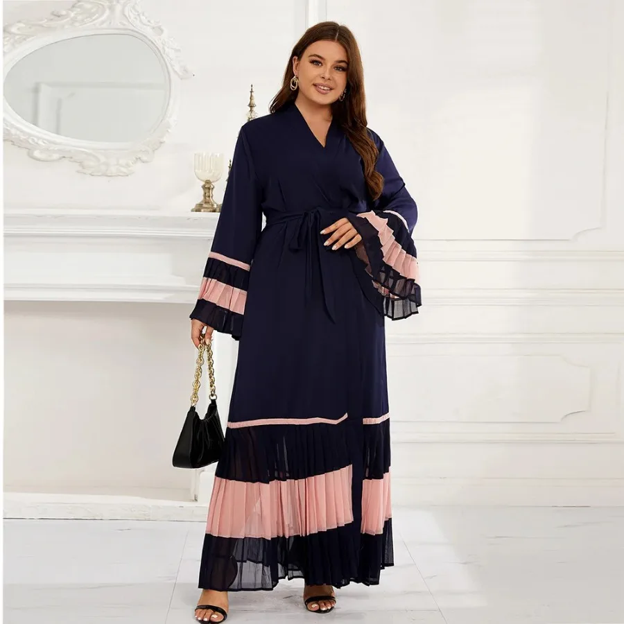 Abaya Dress 2024 Elegant Spring Summer Muslim Women Logn Sleeve V-neck Polyester Long Maxi Dress Kaftan Muslim Fashion Abaya