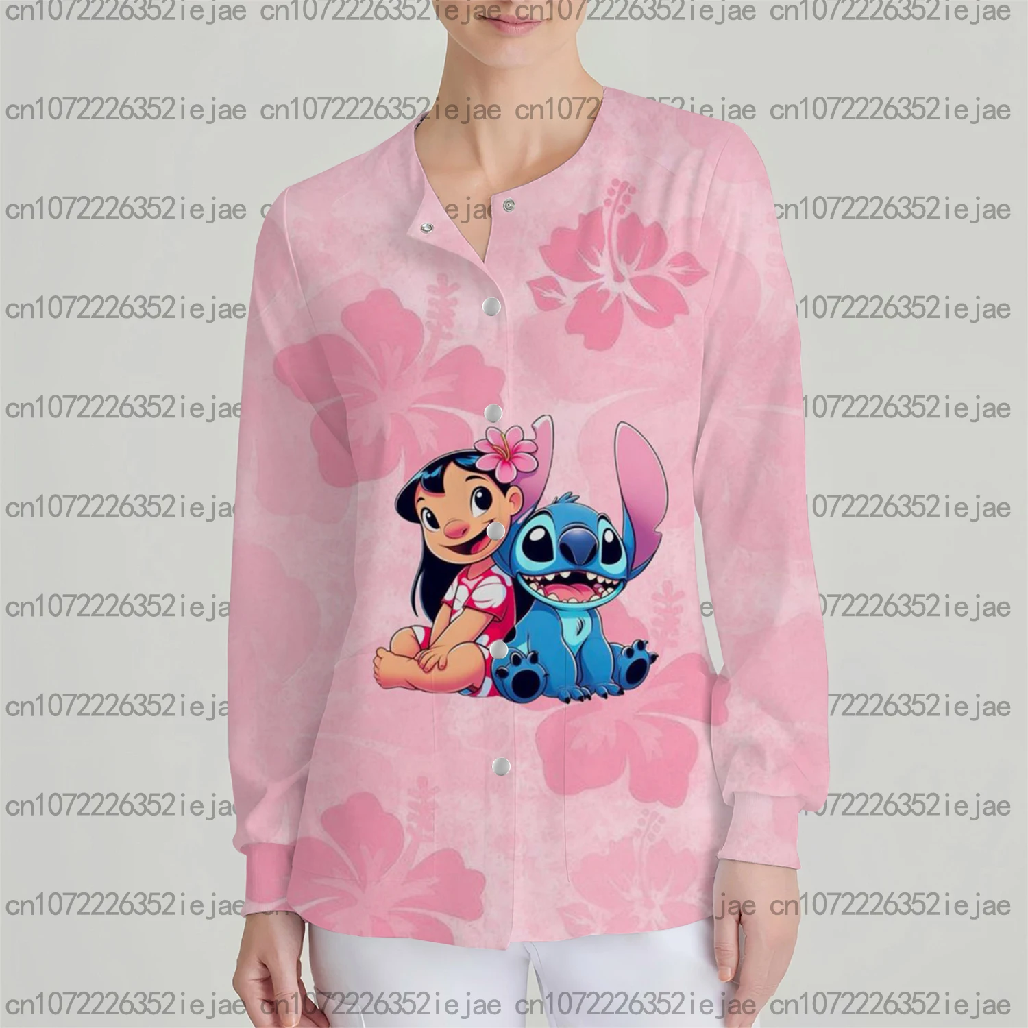 Nuova manica lunga con stampa dolce Top Disney Stitch girocollo Comodo cardigan tascabile da donna Giacca da lavoro versatile per pendolari