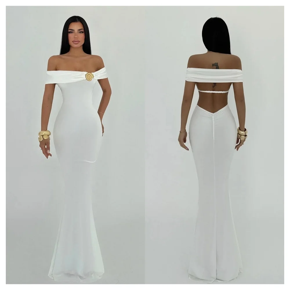 

Customized Simple White Jersey Evening Dress Modern Boat Neck Off the Shoulder Sleeveless Party Dress Temperament Celebrity Gown