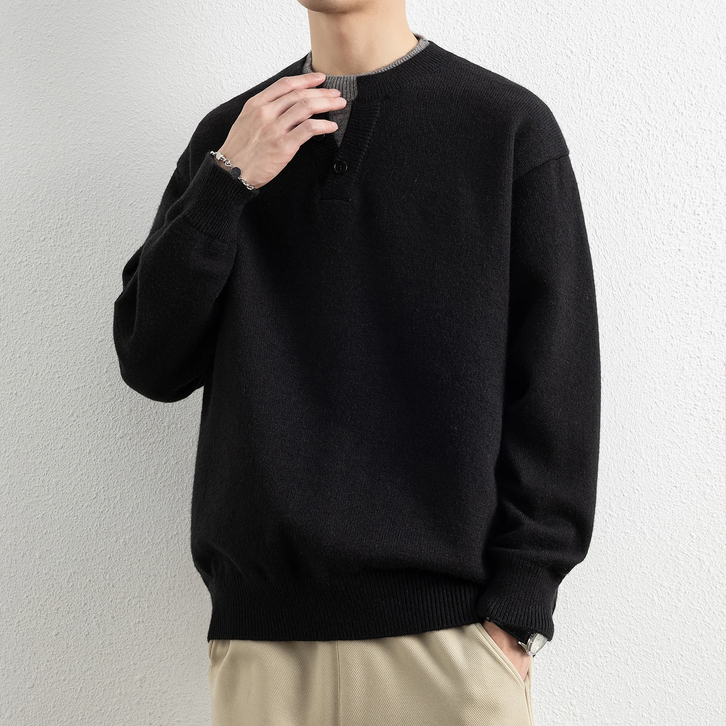 

Мужской вязаный свитер в стиле ретро с воротником хенли, утепленный, повседневный, для ношения под одеждой, зимний, стандартный крой, с длинным рукавом, круглый вырез, топ