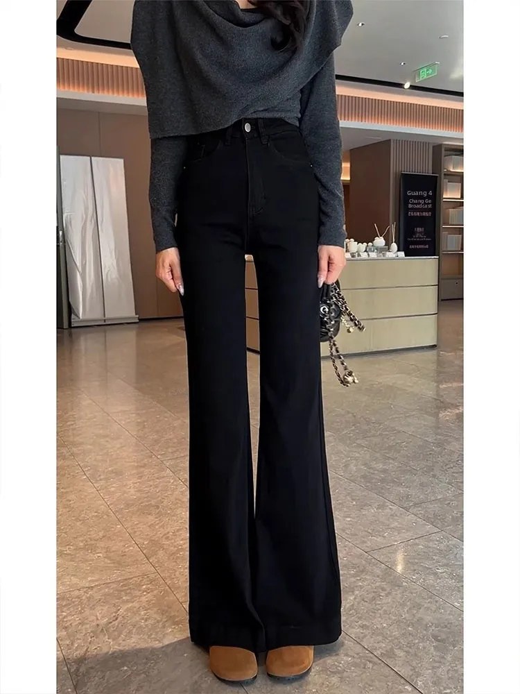 

High Waist Fleece Lined Black Denim Pants Women's Spring Autumn Loose Slimming Drapey Floor Length Bell Bottoms