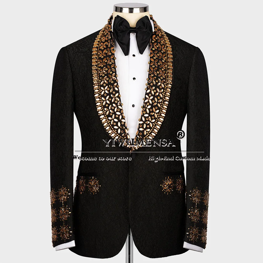 Gold Jewelry Ornament Suits Men For Wedding Tailored Shawl Lapel Jacket Pants 2 Pieces Groom Tuxedo Dinner Party Prom Blazers