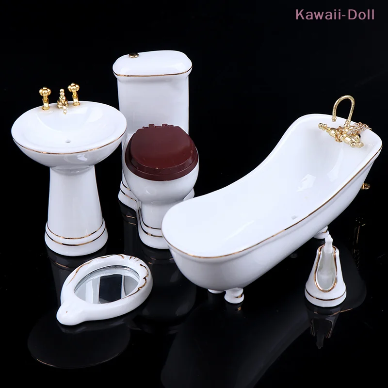 

5Pcs 1:12 Dollhouse Miniature White Porcelain Bathroom Set Toilet Basin Bathtub Mirror
