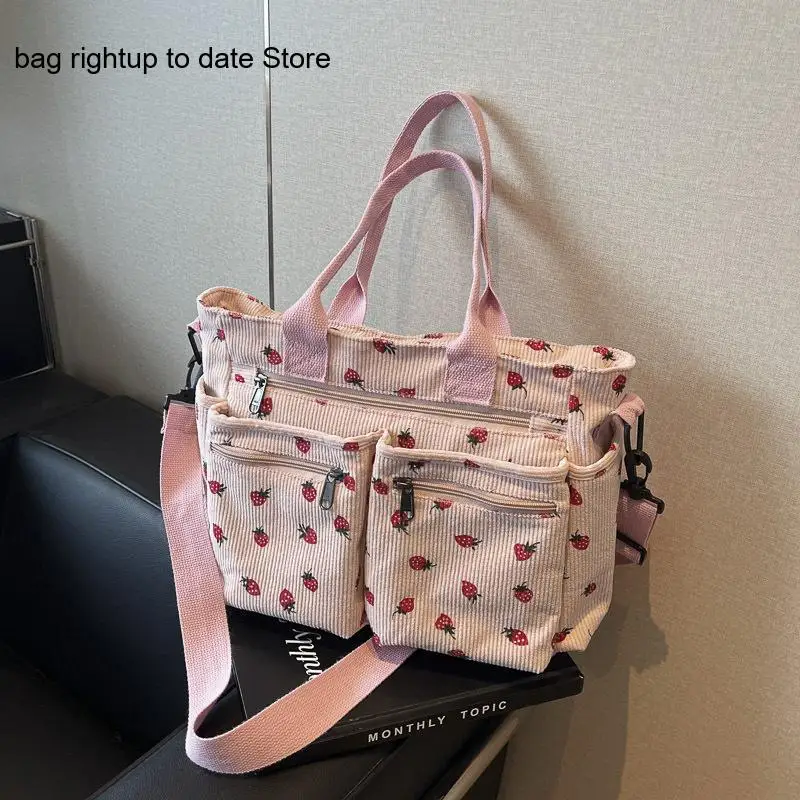Spring and Autumn Simple Corduroy Printed Versatile Strawberry Large Capacity Shoulder Cross Carrying Tote Bag for Women