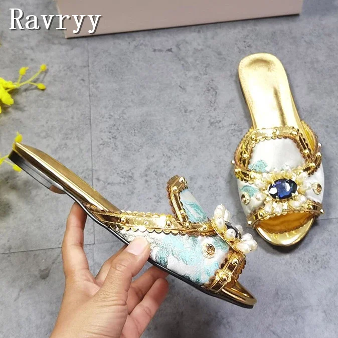 Luxury Gemstone Flower Women Slippers Designer Floral Cloth Open Toe Flat Bottomed Sandals Summer New Comfortable Beach Slipper