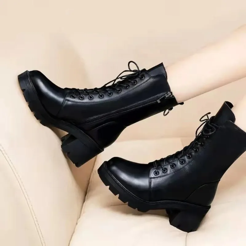 

2025 British Mid-tube Boots Fashion Short Boots Autumn and Winter New Boots for Women Tide Flat Female Leather Boot Women Shoes