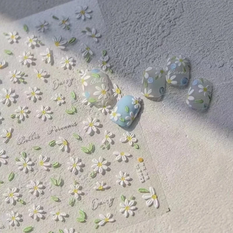 

1Sheet 5D Soft Embossed Relief Nail Stickers Cute Daisies Self Adhesive Slider Stickers Press On Nails DIY Japanese Nail Art Dec