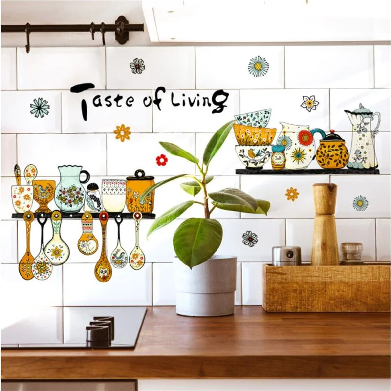 30*60CM Kitchen Wall Stickers Retro Pattern Tableware Decoration Dining Room Decor Beautification Self-Adhesive