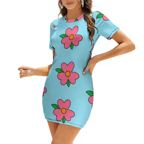 Fat Homer blue Dress Pattern big flower Short-Sleeved Dress evening dresses ladies long sleeve dresses Women's dress