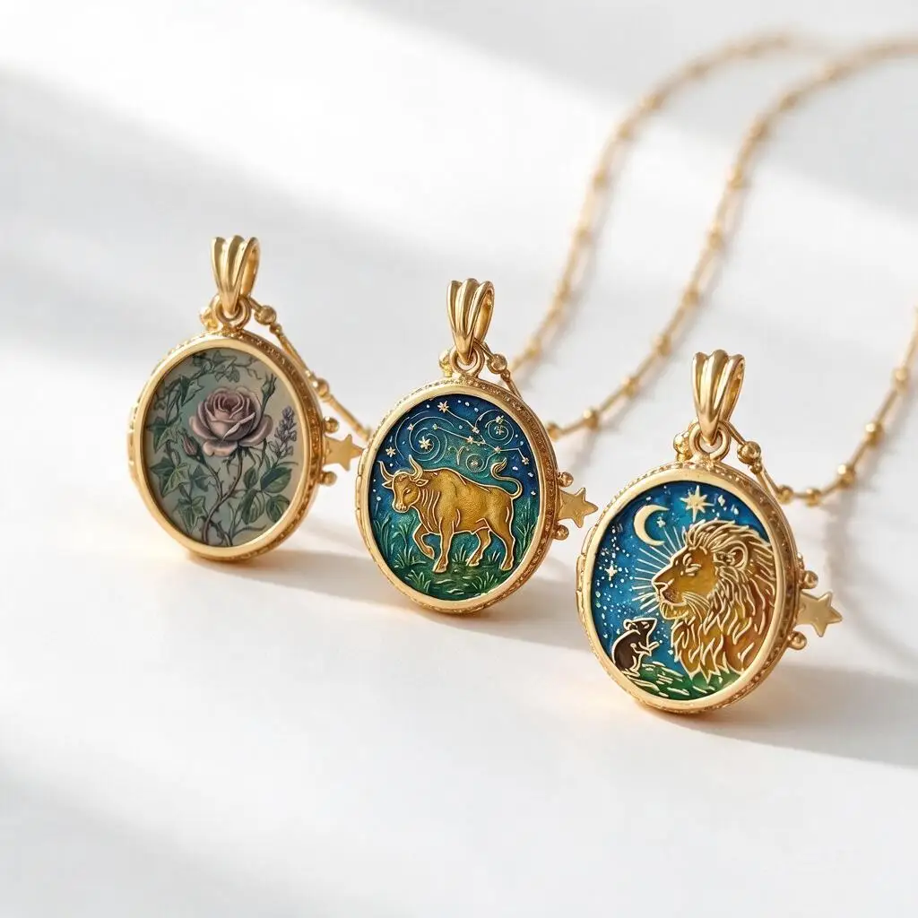 Vintage Enamel Openable Star Clasp Locket Necklace Zodiac Taurus Leo Rose Floral Pendant Gold Plated Brass Dainty Clavicle Chain
