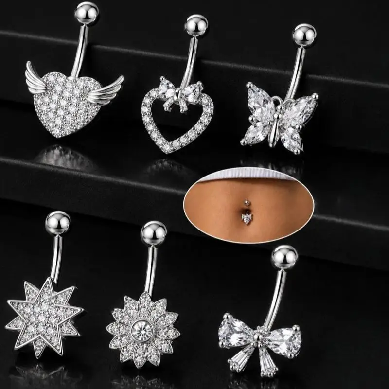 Navel Dangle Belly Button Ring Sparkling Heart Zircon Stainless Steel Hypoallergenic Piercing Jewelry for Night Out Wear