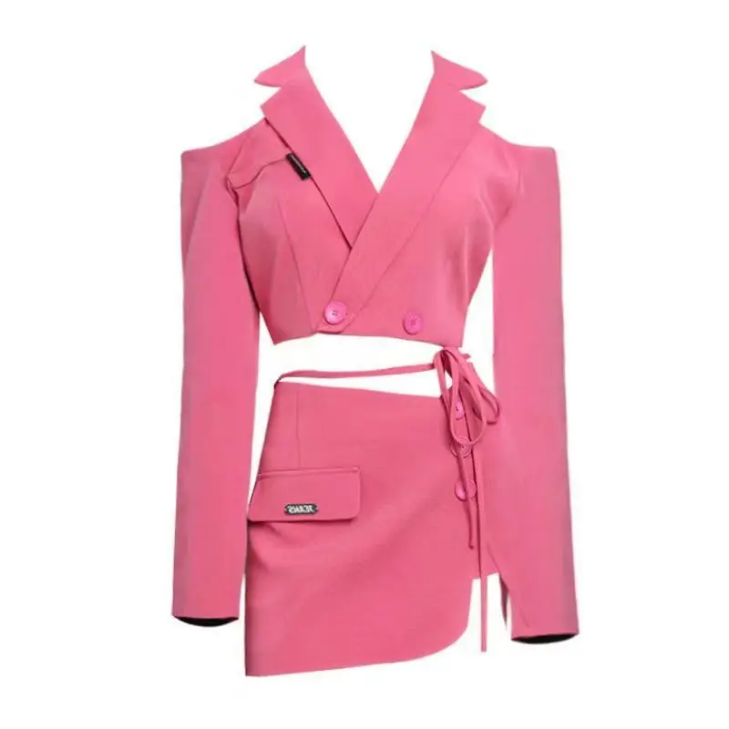 Women Off Shoulder Blazers Skirts Suits Pink Casual Jackets and Skirt Outfit 2 Pieces Sets Female Tops Fashion Street Clothes