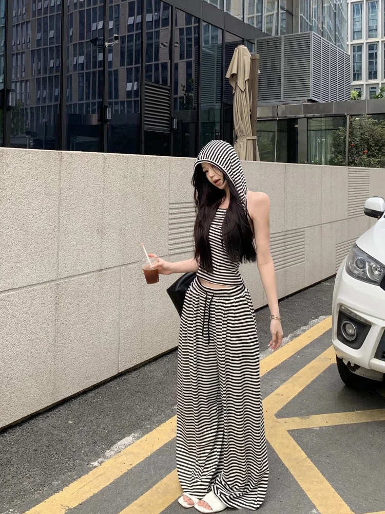 

Ретро Spicy Girl Sle с капюшоном в полоску, жилет с эластичной резинкой на талии, повседневные брюки, летний новый милый крутой комплект, женская мода