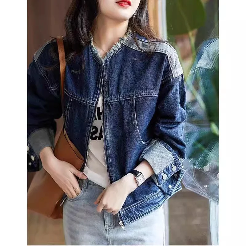 

Deep Blue Patchwork Tassel Denim Jacket for Women Short 2024 Spring and Autumn Wear Small Stature Solid Color Work Jacket Trend