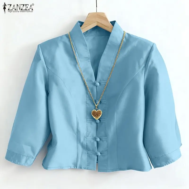 

ZANZEA Women's Satin Crop Tops 2026 Spring V-Neck 3/4 Sleeve Buttons Fitted Waist Solid Color Short Shirts Elegant Woman Clothes
