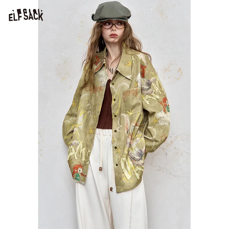 

ELFSACK 2025 Autumn New Arrival Vintage Casual Oil Painting Print Long Sleeve Loose Fit Oversized Blouse For Woman