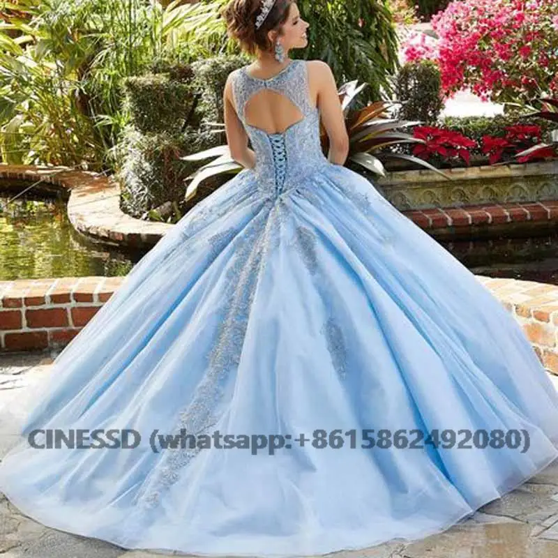 Vestidos Quinceanera azul claro, miçangas de renda com o pescoço, lantejoulas sem costas princesa festa doce 16 vestido de baile, 15 anos, 2022