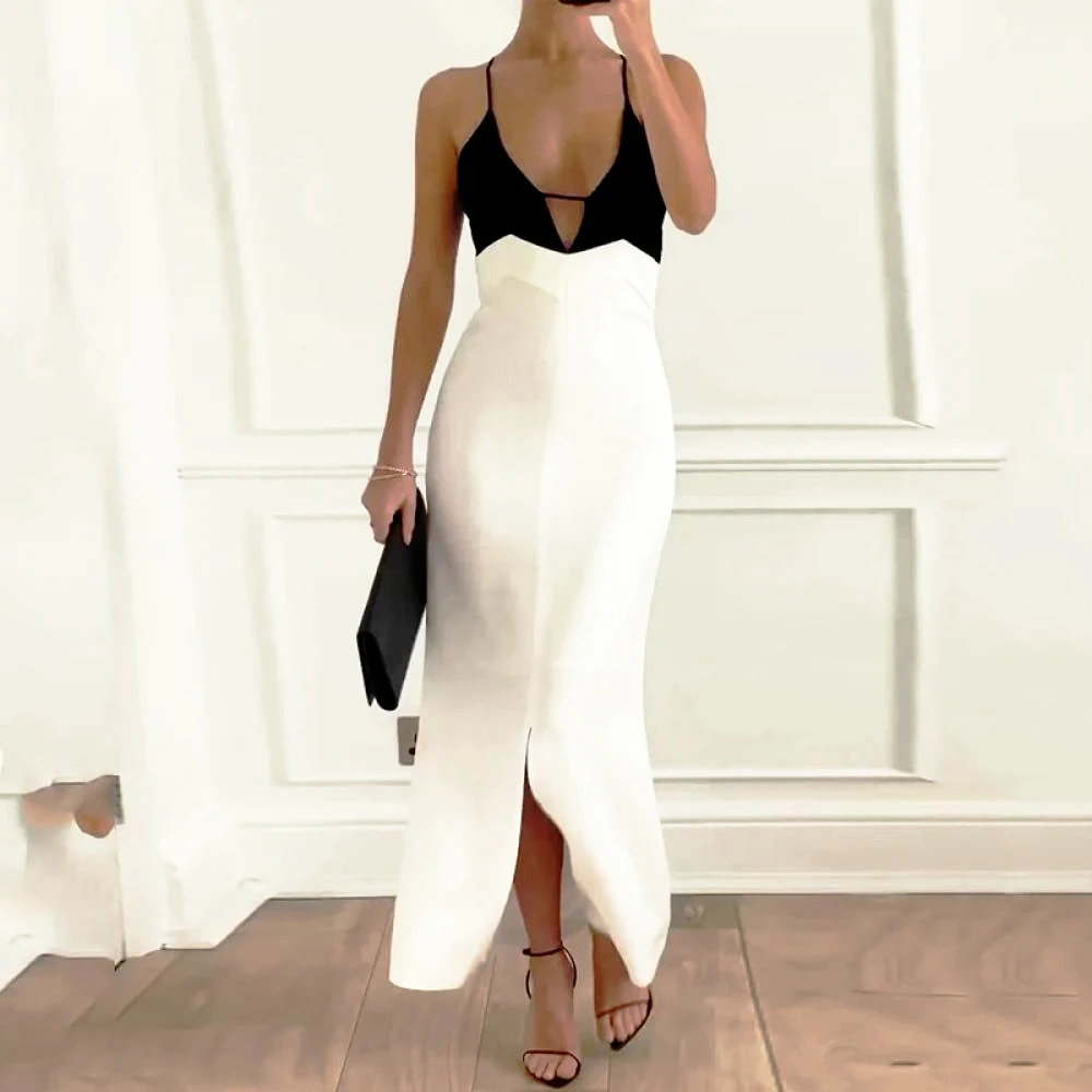 

Elegant Black White Spliced Dresses Women Spaghetti Strap Maxi Dress Slit Strap Skirt Backless Strappy Hip-Hugging Slit Skirt