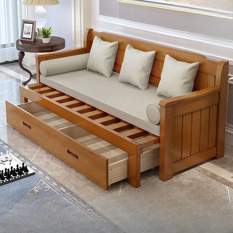 

Living room solid wood sofa bed foldable sliding small apartment 1.5 meters multi-functional 1.8 double 1.2 sitting and sleeping
