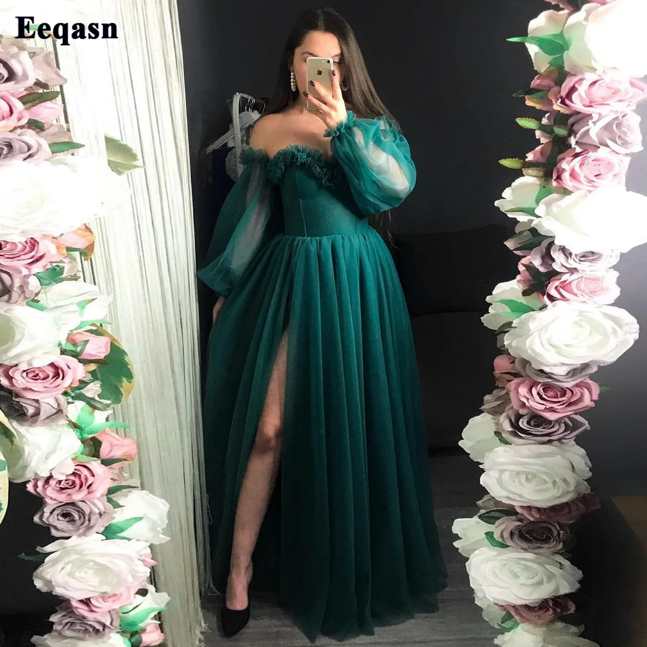 

Eeqasn Hunter Green Beach Women Prom Dresses Ruffles Tulle Pleats Puff Long Sleeves Evening Dress Formal Party Bridesmaid Gowns