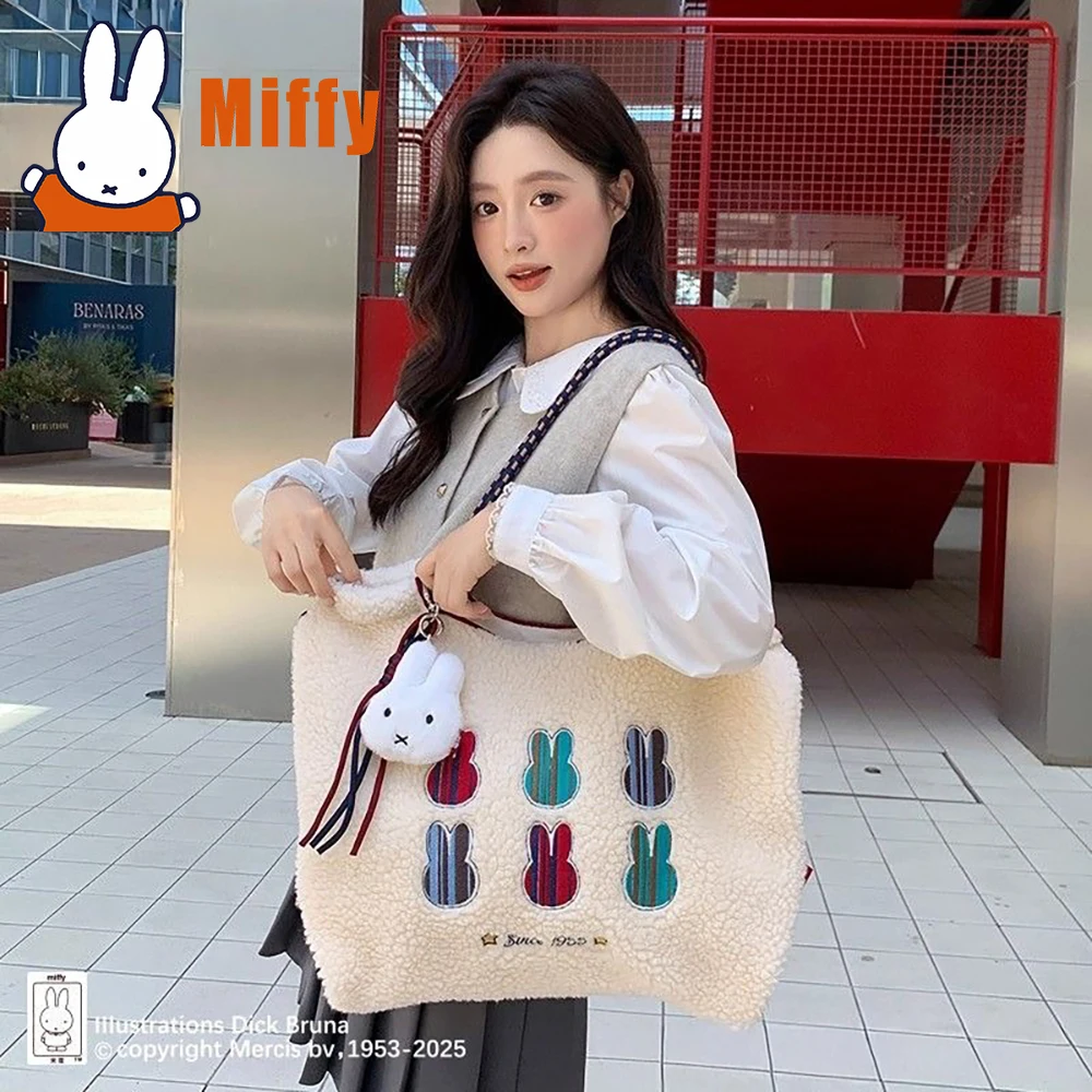 

Kawaii Miffy Lamb Fleece Tote Shoulder Bag Cute Rabbit Plush Large Capacity Soft Shopping Storage Handbag Decorative Girl Gift