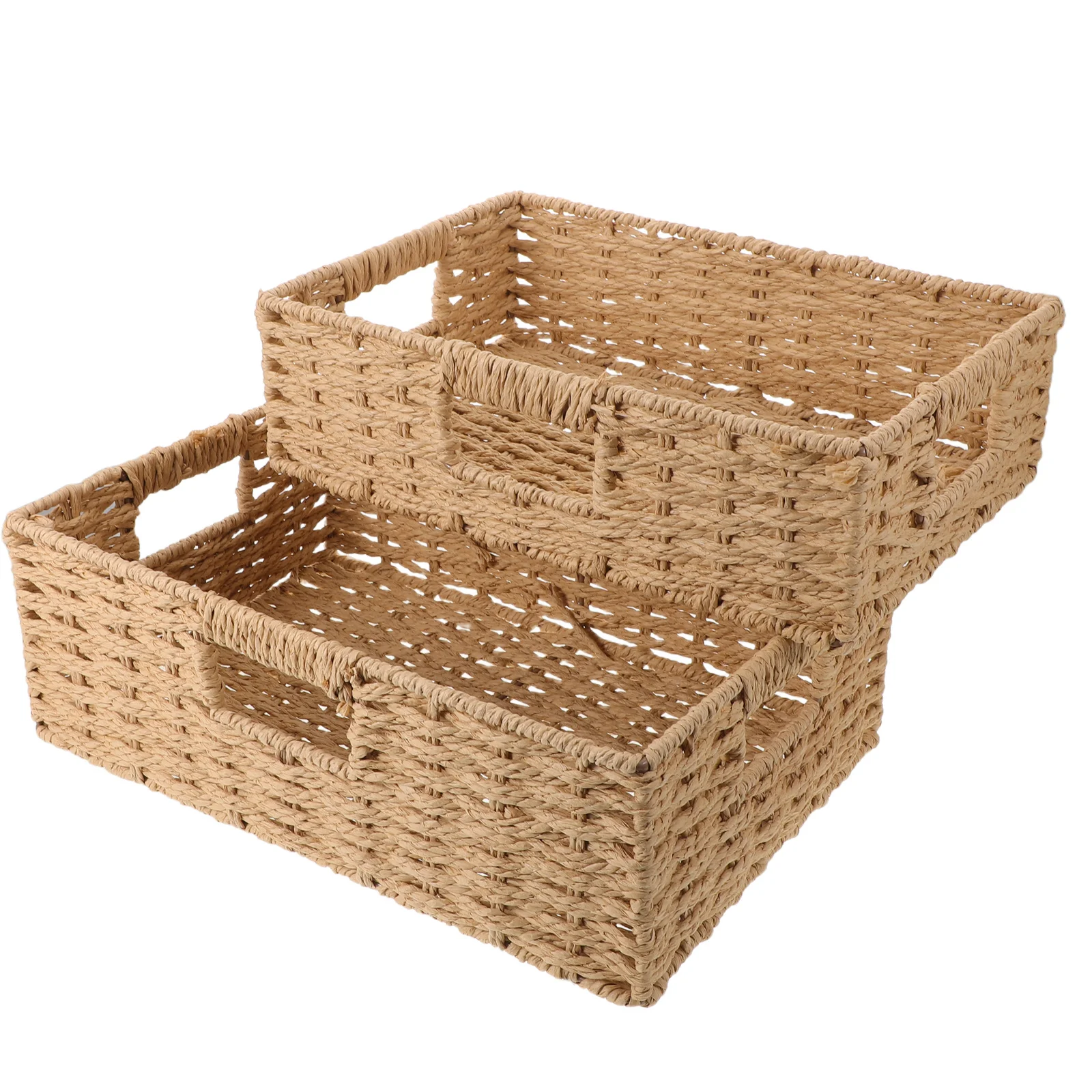 

2Pcs Woven Storage Baskets Beige 3080x1430x1000cm Imitation Rattan Desktop Organizer for Office Bathroom Makeup Stationery Fruit