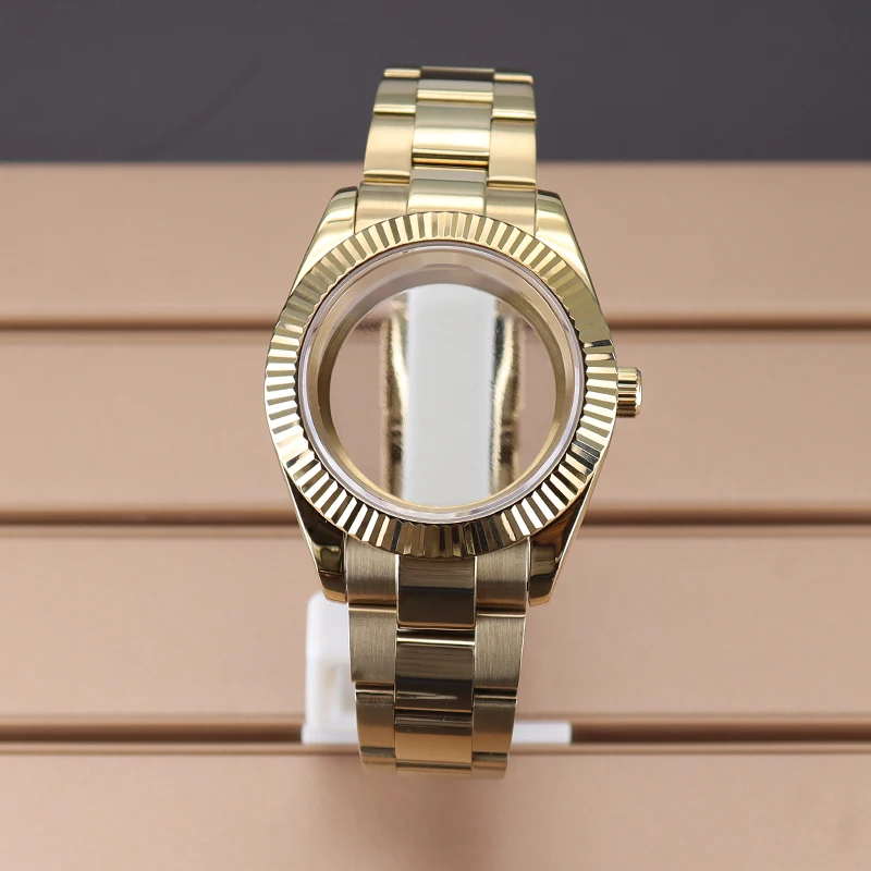 Caja de reloj curvada estriada dorada, 36mm, 39mm, zafiro para SK DJ NH35 NH36 NH38 NH34 Miyota 8215, movimiento, pulsera de Jubileo con esfera de 28,5mm