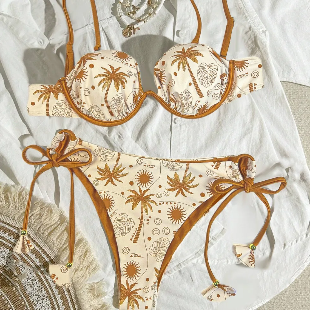 

Printed Steel Ring Gathering Drawstring Straps Swimsuit Set Built-in Chest Pad StrapsBeach 2-piece Bikini Set Simple and Stylish