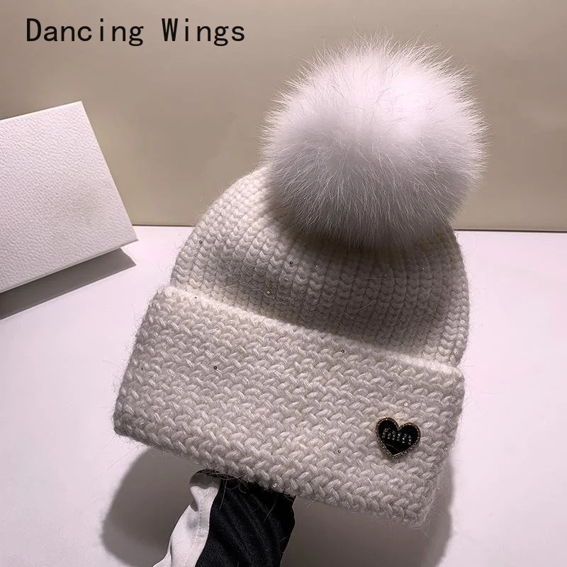 

Real Fox Fur Pom Poms Ball Keep Warm Winter Hat For Women Girl 's Wool Hat Knitted Beanies Cap Thick Female Cap Skullies