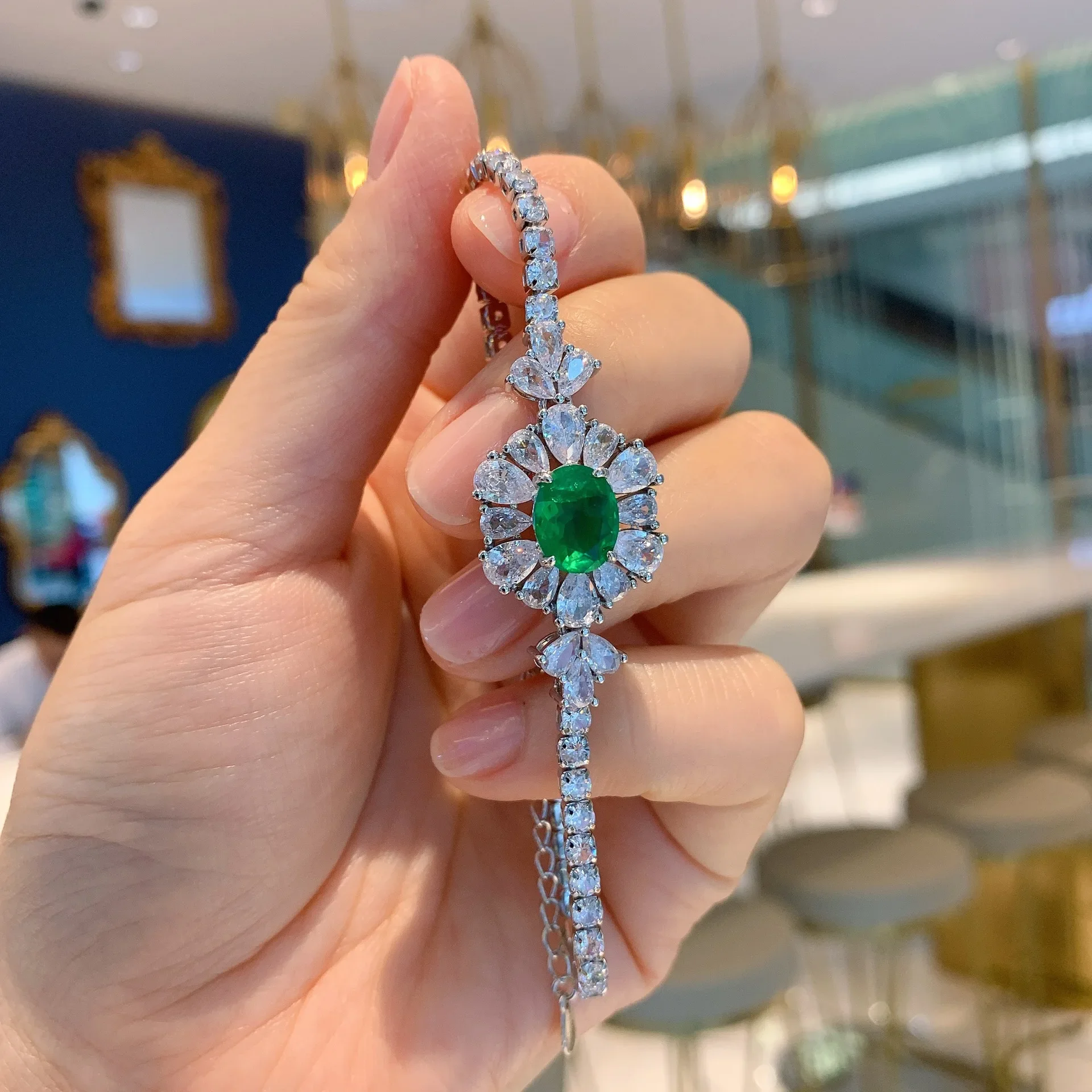 Charms S925 Sterling Silver 8*10mm Green Crystal Flower Sunflower Bracelet Women Wedding Party Luxury Jewelry Aesthetic 17+5cm