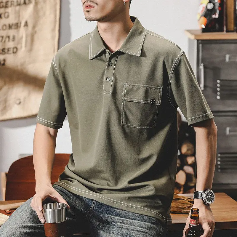 American Retro Lapel Polo Shirt Summer Loose Work T-shirt Short-sleeved Men Top
