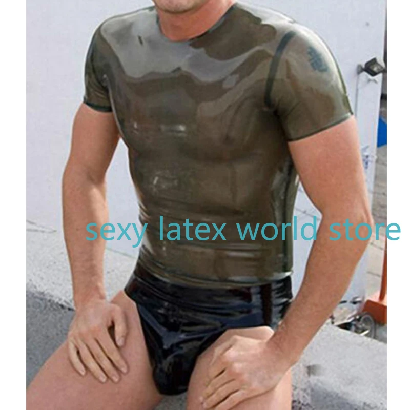 

100% Handmade Latex Men's Top Transparent Black T-Shirt Gummi Rubber Shirt Basic Fashion Custom