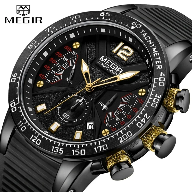 Top Brand MEGIR Luxury Mens Watches Silicone Sports Watch Men Fashion Chronograph Quartz Waterproof Man Clock relogio masculino