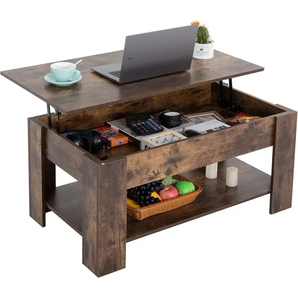 

Coffee Table with Lift Top, Hidden Compartment, and Storage Shelf, 39.4 Brown Wooden for Living or Office Spaces