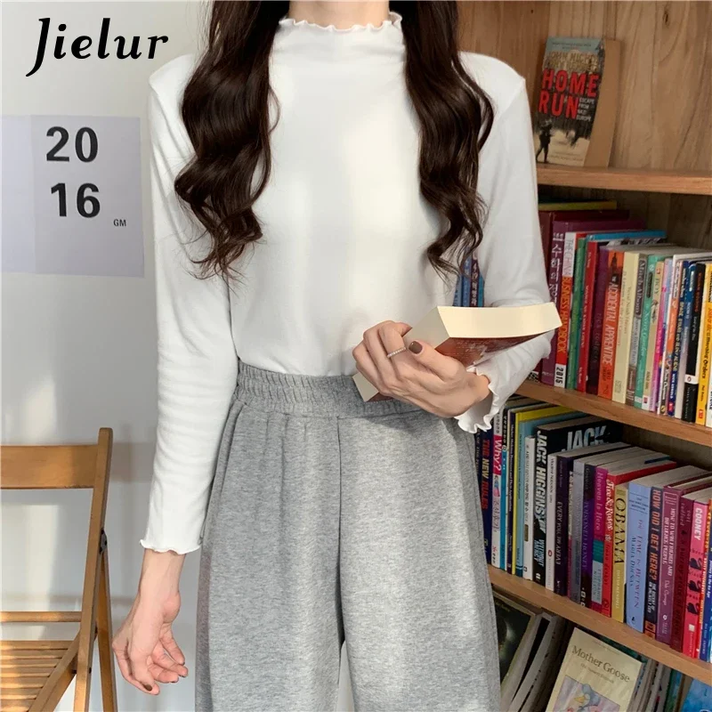 Jielur Solid Color Harajuku T Shirt Women White Basic Slim Tops Fashion Long-sleeved T-shirt Female Graceful All-match Tee Shirt