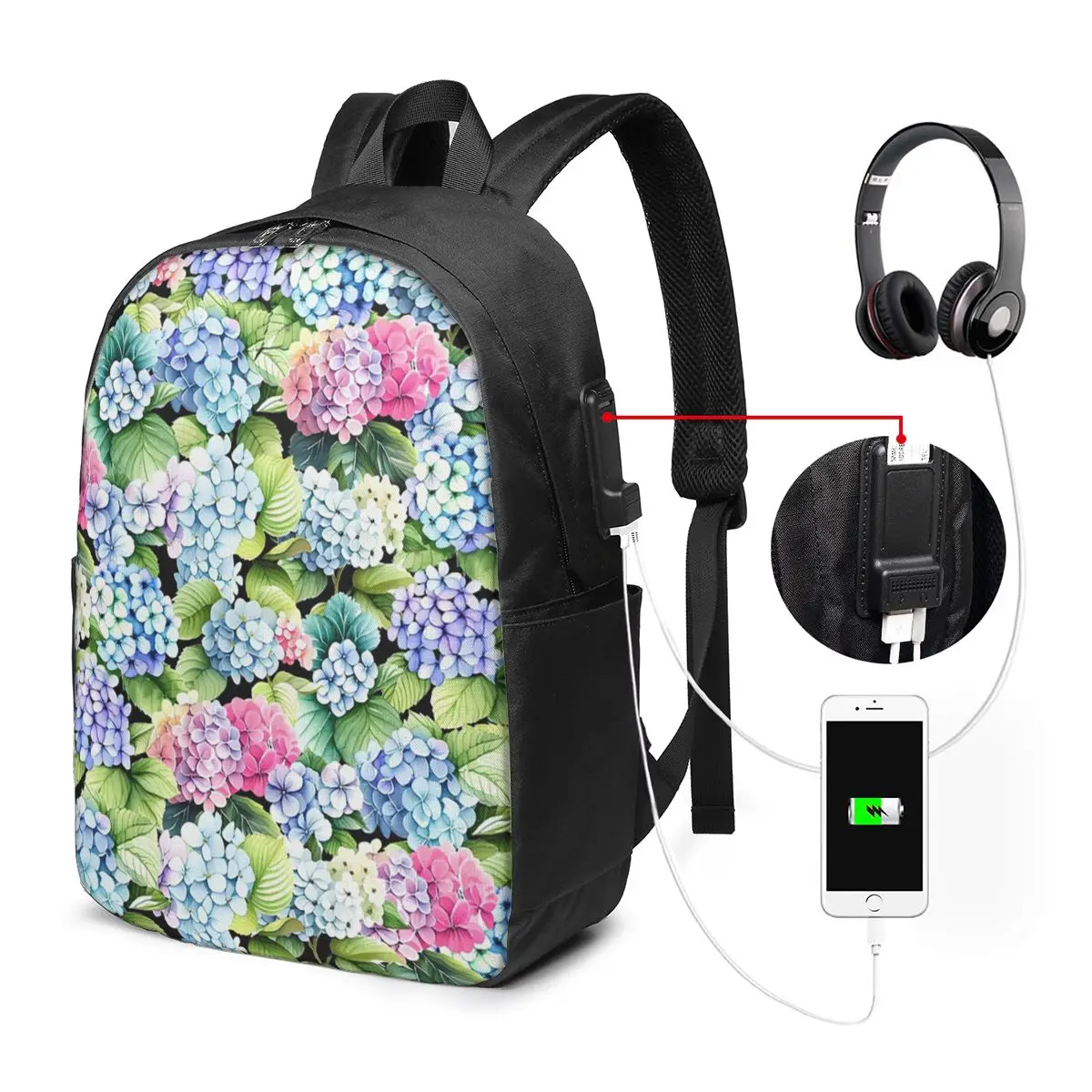 Cute Herd Hydrangea Flower Floral Backpack Travel Notebook Bag Computer College Student School Bag Laptop Shoulder Bags