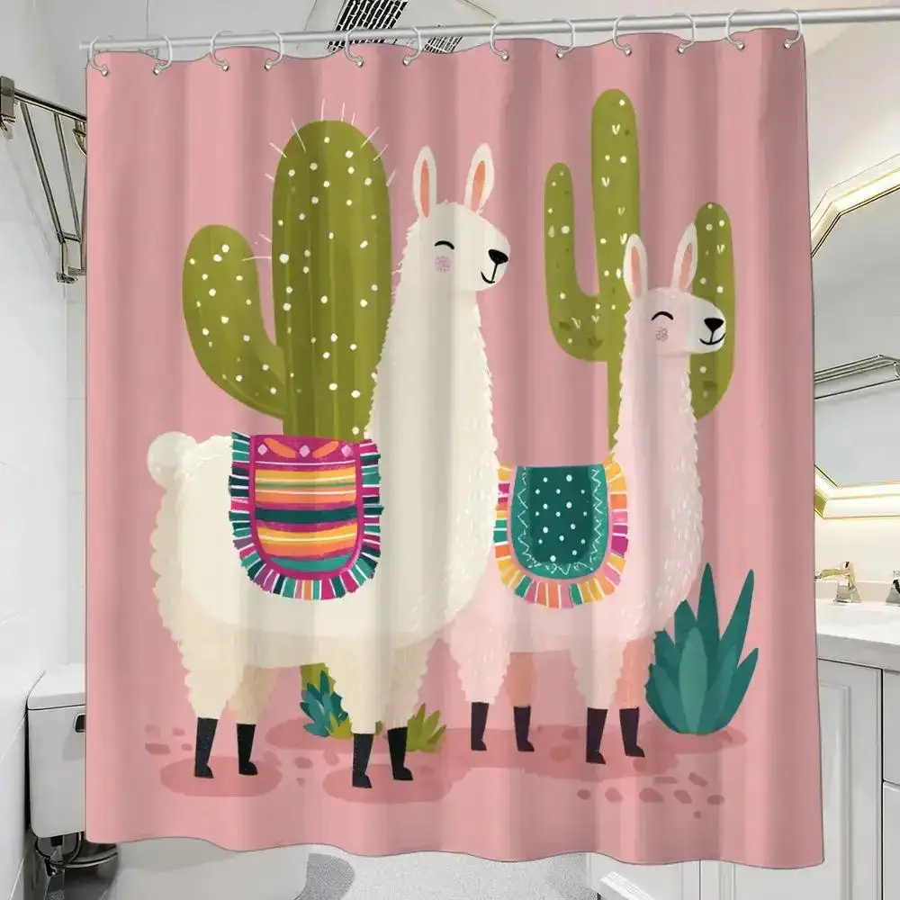 Whimsical Llama & Cactus Shower Curtain – Andean-Inspired Textile Patterns, Pink Background, 12 Hooks, Waterproof Playful Decor
