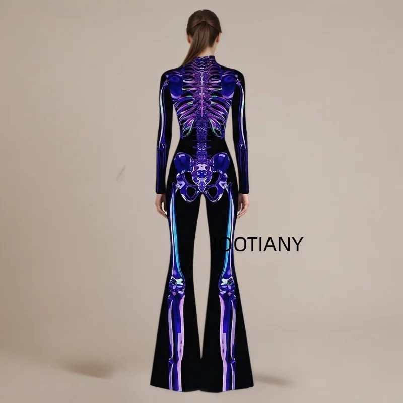 Damen-Jumpsuit mit ausgestellten Schlaghosenbeinen, geometrischem Schmetterlings-Skelett-Muster, figurbetont, Catsuit, Festival-, Rave-, Halloween-Cosplay-Outfit – Detail 8